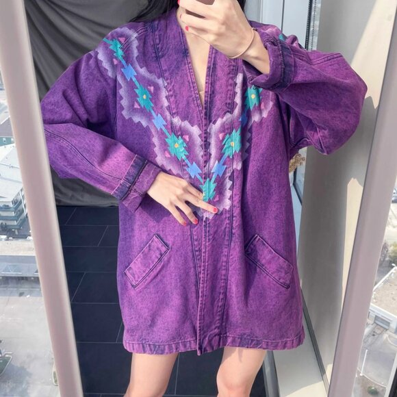 Vintage Acid Wash Denim Jacket: 90s Purple Cowgirl Blazer - Picture 3 of 7